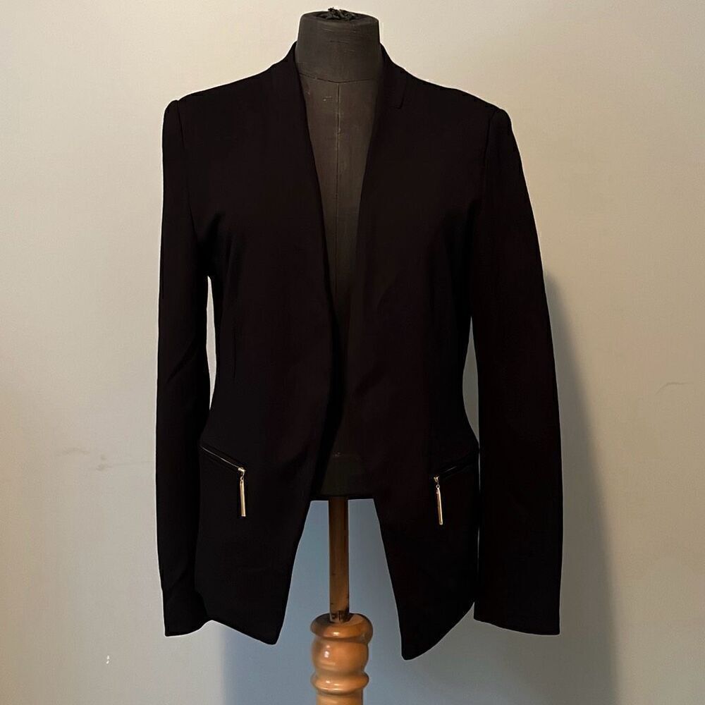 Carmen Marc Volvo Women's Black Lined Zipper Pockets Open Front Blazer